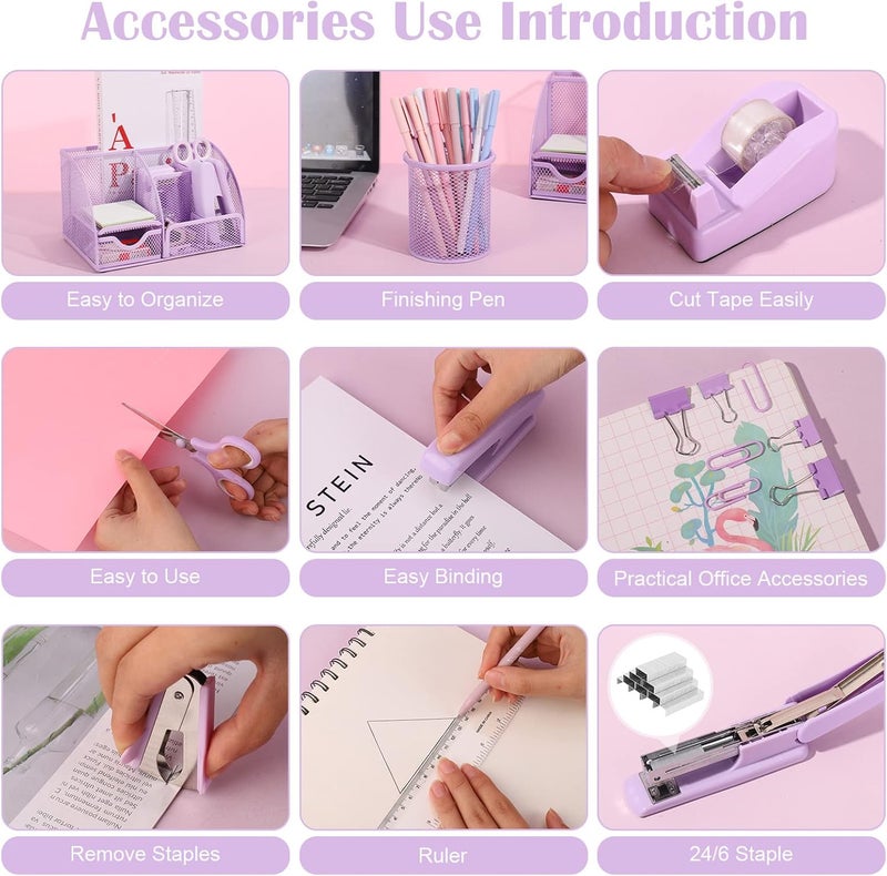 AuraRay Purple Mesh Desk Organizer and Accessories, Purple Office Supplies 7 Compartments Desk Organizer with Stapler,Tape Dispenser,1000 Staples,Pen Holder,Staple Remover,Clips,Ruler,Scissors - Image 4